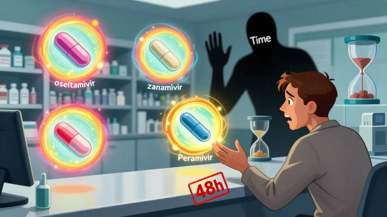 Four colorful antiviral pills float above a pharmacy counter as a clock ticks down, symbolizing the critical 48-hour window for flu treatment.