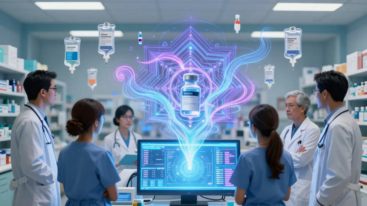 Hospital team reviewing EHR screen as IV drugs morph in flowing psychedelic lines, symbolizing clinical decision-making.