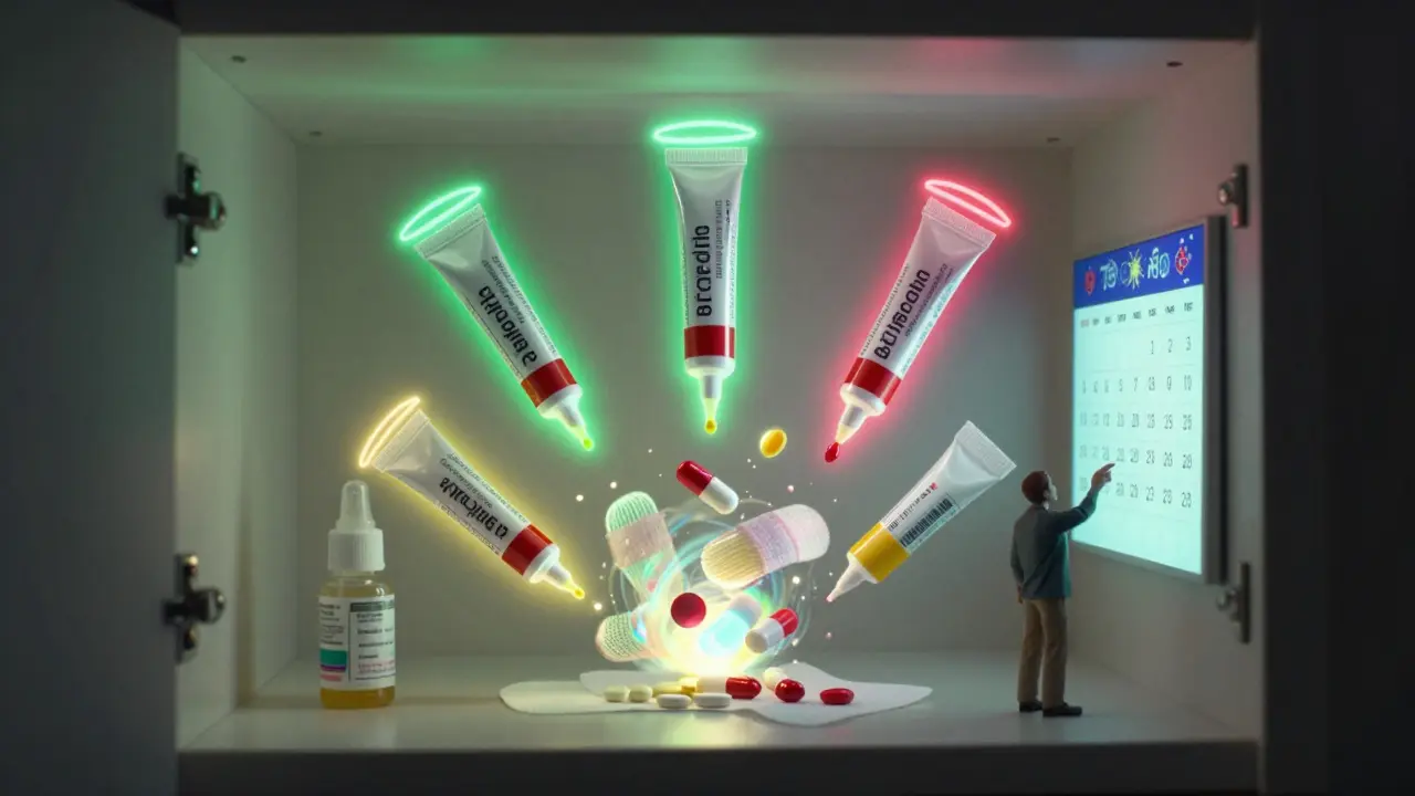 Medicine cabinet with floating pills and ointments in swirling colorful vortex.