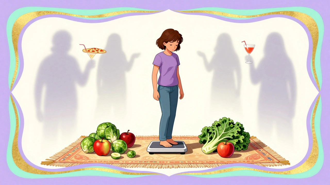 Morning weigh-in with healthy foods replacing weekend indulgences, surrounded by soft psychedelic patterns.