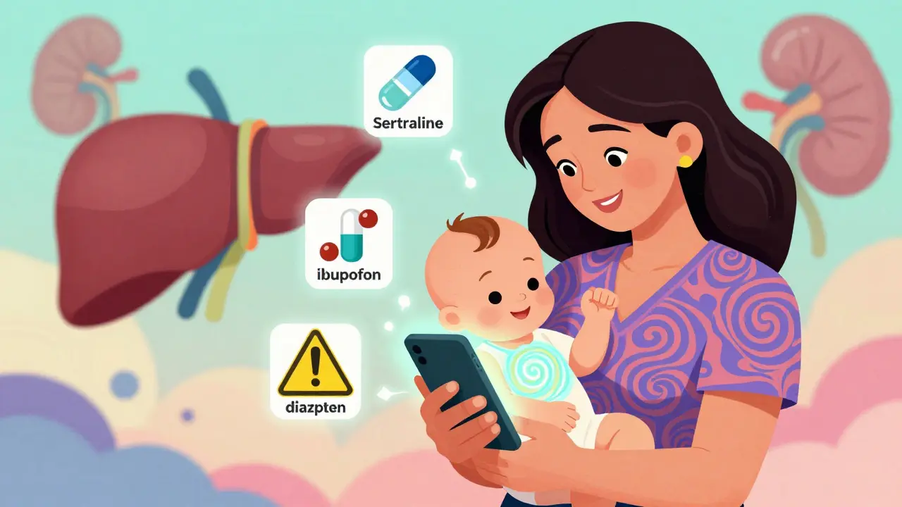 Mother using LactMed app with floating safe and unsafe med icons, baby smiling, psychedelic art style.
