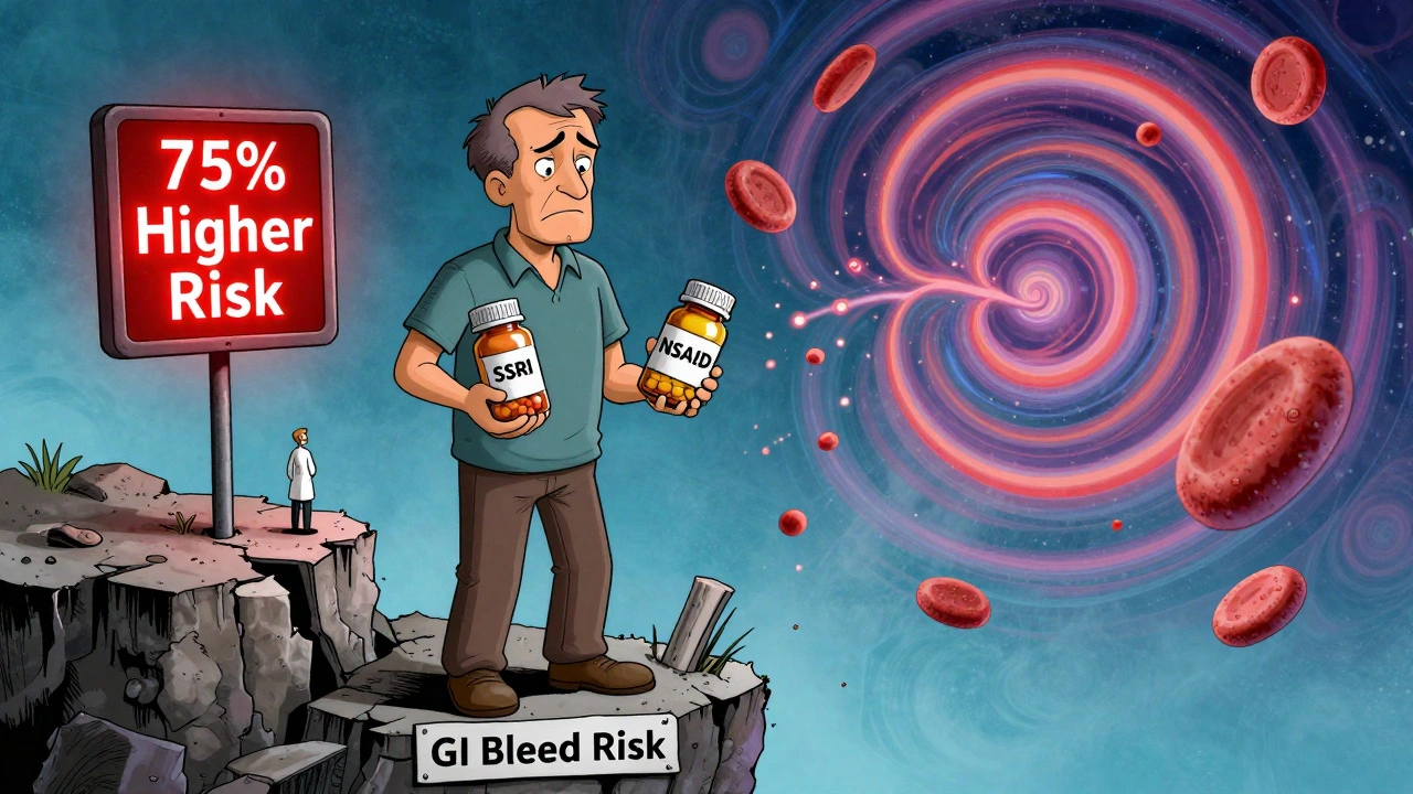 Patient on cliff of GI bleed risk holding SSRI and NSAID pills, with warning signs and swirling danger in background.