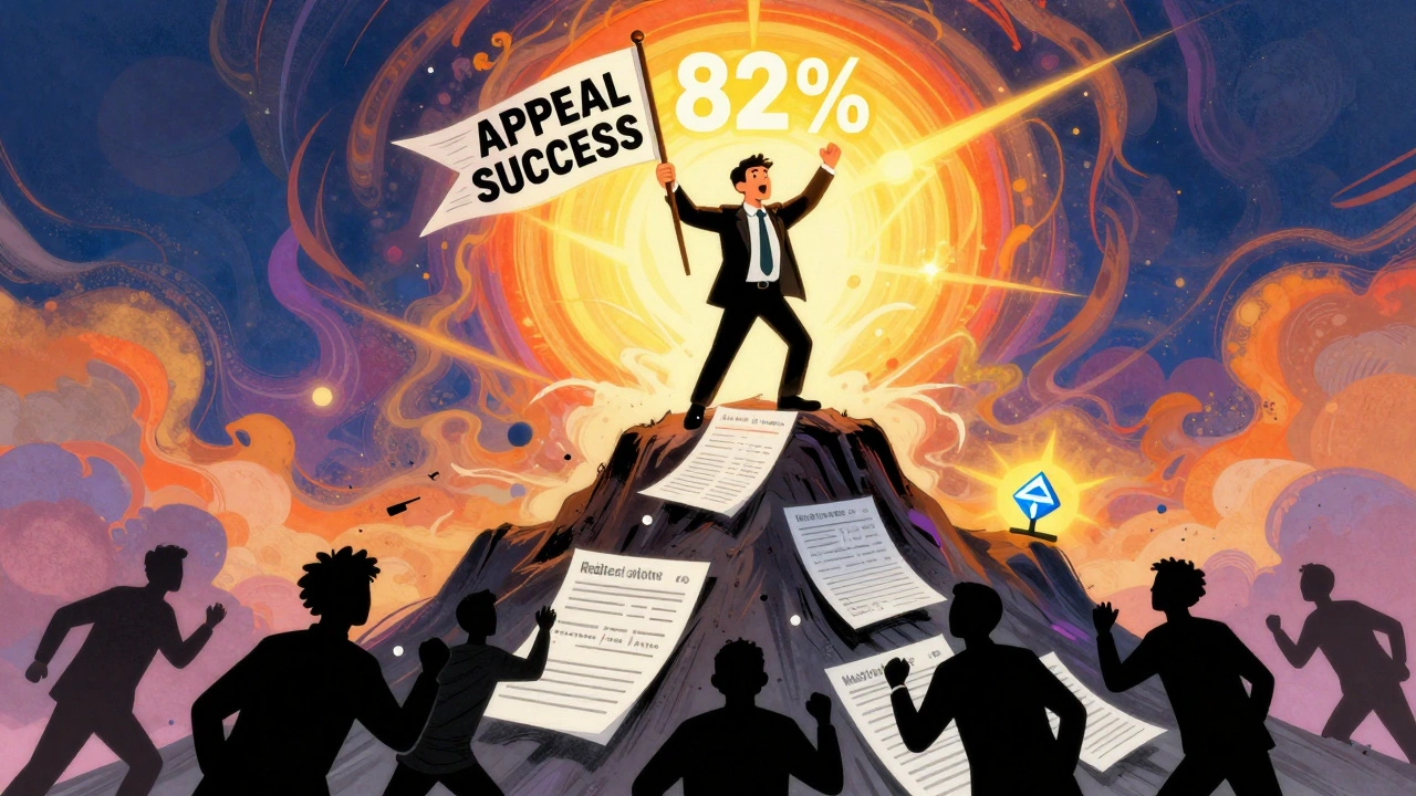 Patient standing atop rejected forms with 82% success symbol shining behind them.