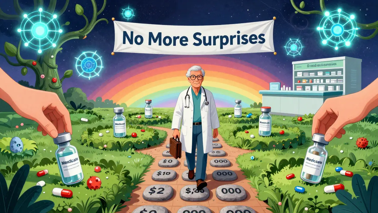 Patient walks on a ,000 cap path as drugs are gently lowered into affordable tiers under AI guidance.