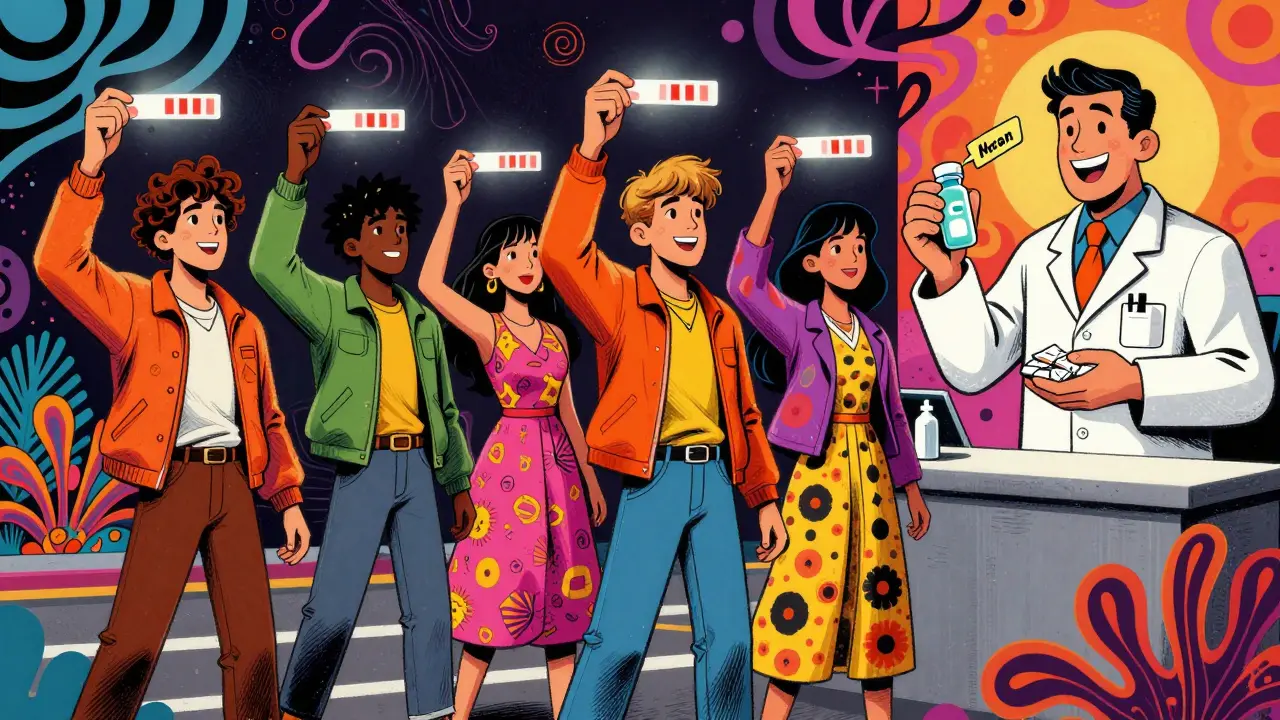 People testing street drugs with glowing strips while a pharmacist hands out naloxone