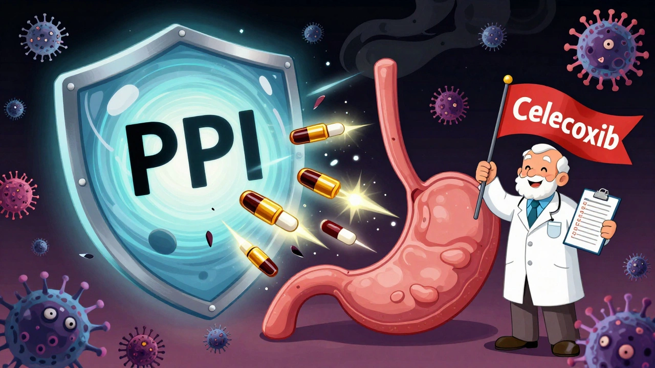 PPI shield protecting stomach from harmful pills, with celecoxib flag and H. pylori being neutralized in vibrant style.