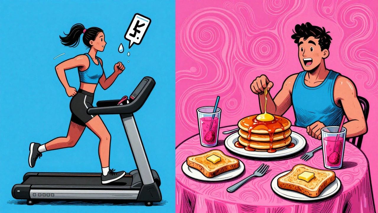 Split scene: exercise on one side, weekend overeating on the other, rendered in swirling psychedelic style.