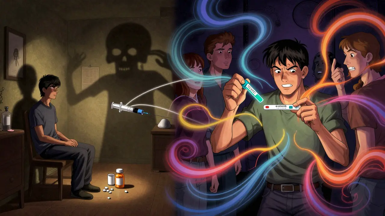 Split scene: isolated person with drugs vs. same person safe with friends and naloxone