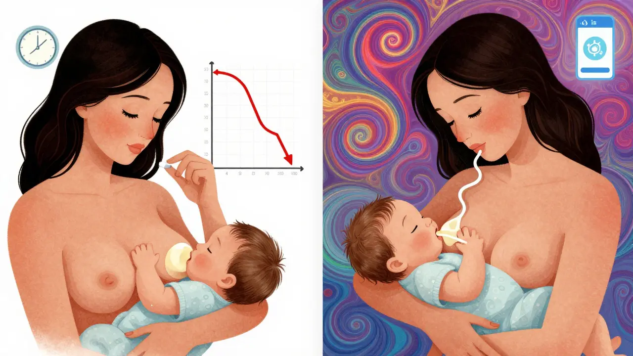 Split scene: mother takes pill after feeding, drug levels graph declining over time with clock and symbols.