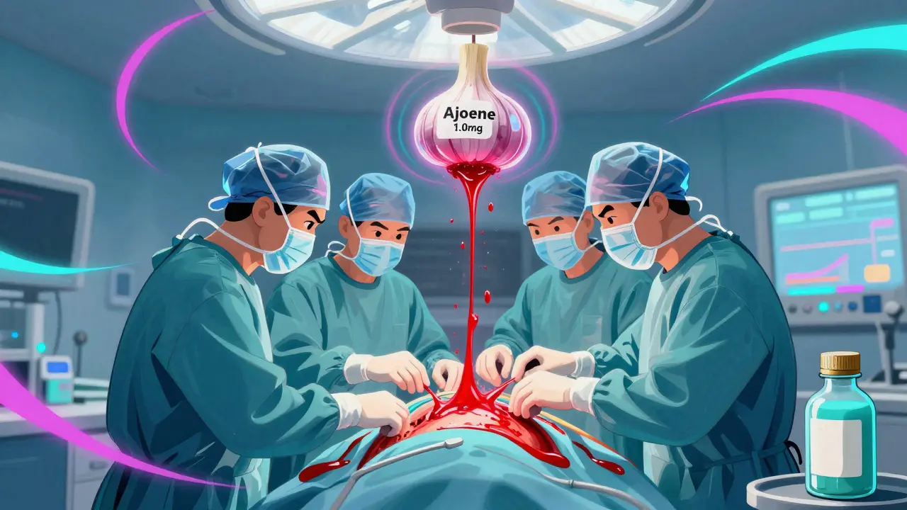 Surgeons battle uncontrolled bleeding in an operating room while garlic capsules float above.