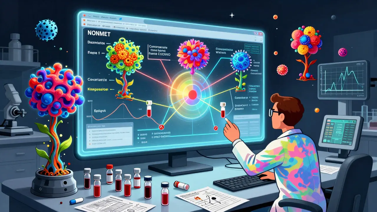 Surreal lab scene with NONMEM interface and floating patient covariates forming psychedelic growths of drug exposure.