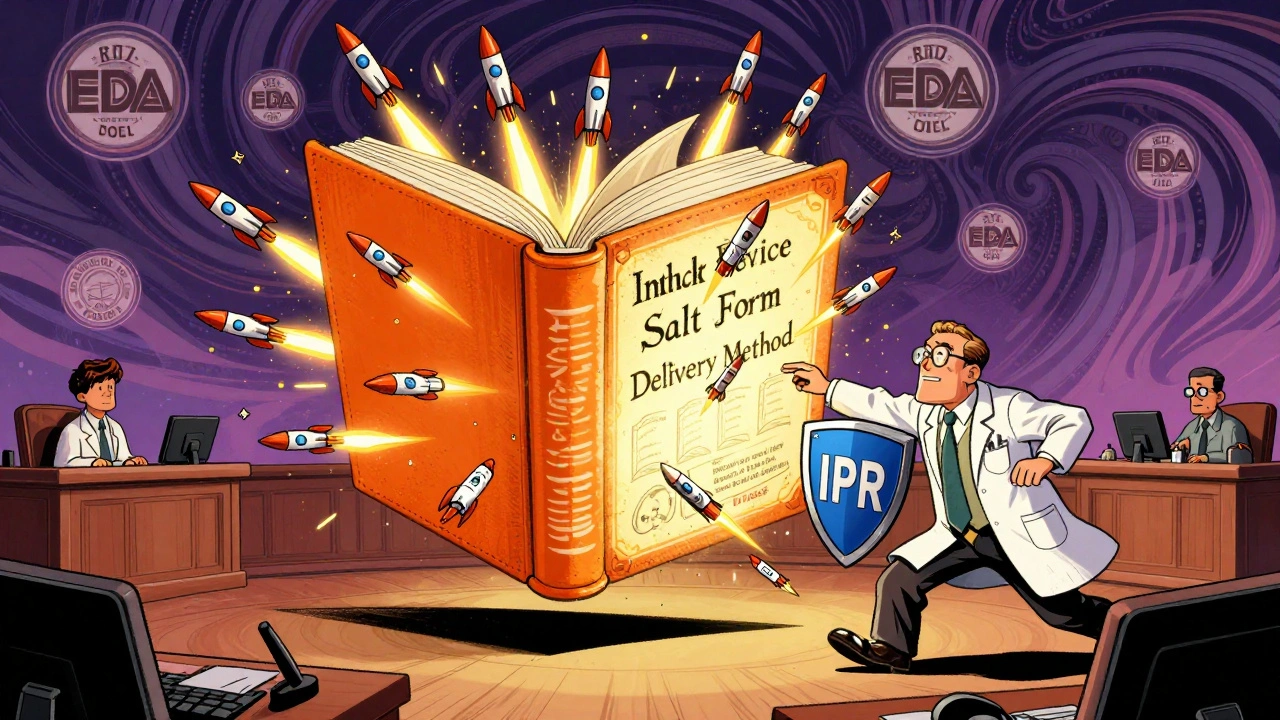 The Orange Book floating with patent rockets shooting out, dodged by a generic manufacturer using an IPR shield.