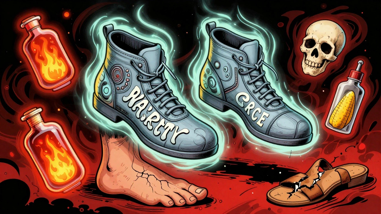 Therapeutic shoes glowing with protective energy, surrounded by dangerous items like hot bottles and corn removers.