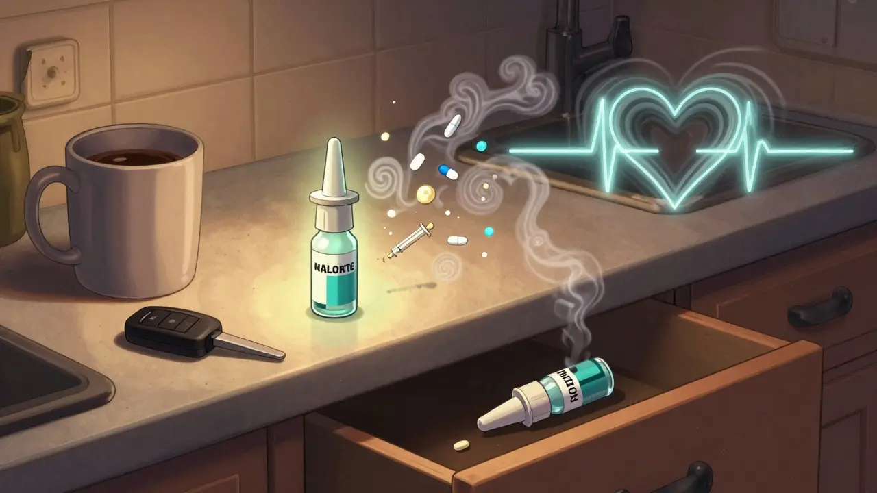 Two naloxone sprays on a counter, one glowing and accessible, the other hidden in shadow.