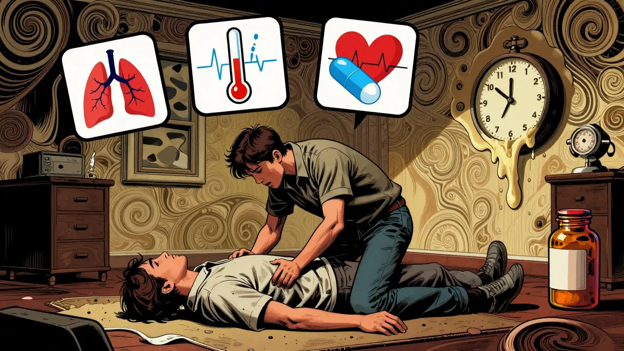 A bystander shaking an unresponsive person, with floating medical warning icons and melting clock shaped like a pill bottle.