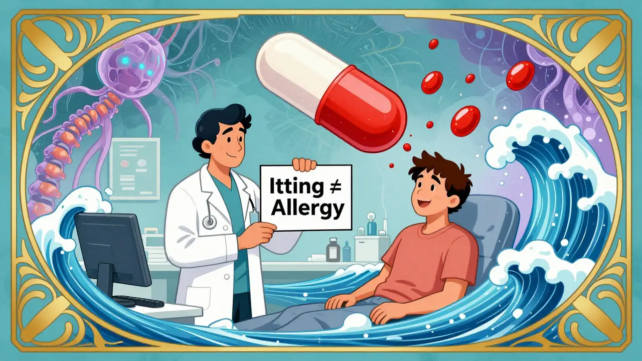 A doctor explaining opioid reactions to a patient, with calming antihistamine waves and glowing spinal neurons in the background.