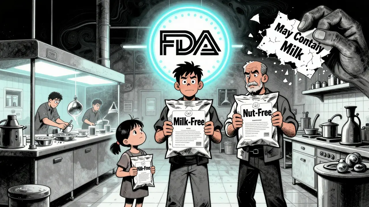 A family holds safe food labels under a glowing FDA seal, while a misleading 'May Contain Milk' label is being destroyed.