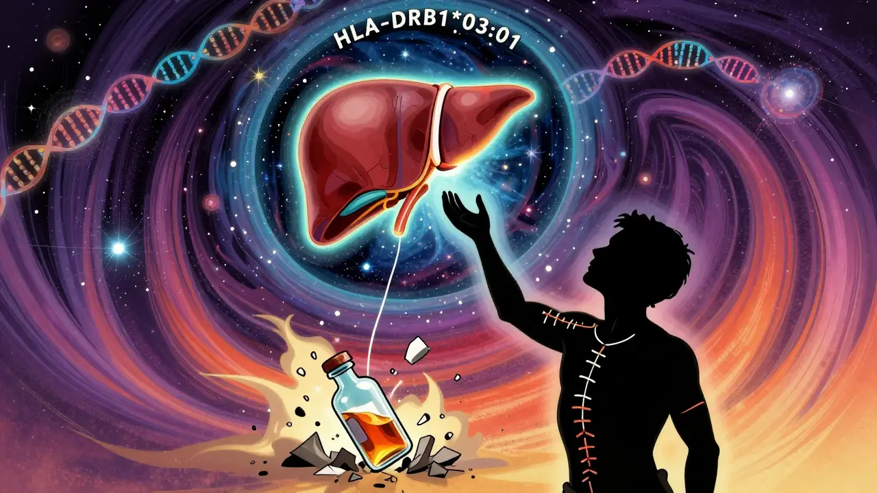 A new liver descending from a cosmic portal, surrounded by genetic patterns and shattered alcohol vials.