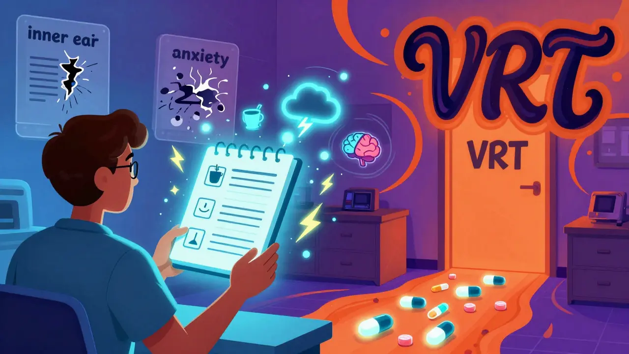 A patient’s symptom diary glows with migraine triggers, leading to treatment options in a neurologist’s office.