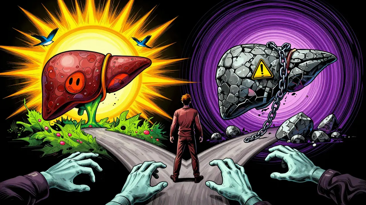 A person at a crossroads choosing between liver recovery and decline, in vibrant psychedelic style.