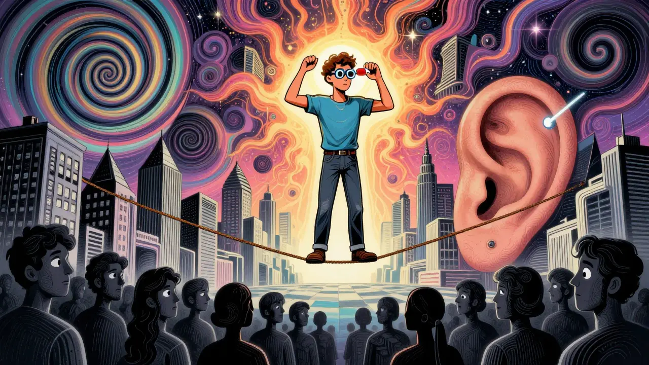 A person balancing on a tightrope above vertigo symbols while doing vestibular rehab exercises.