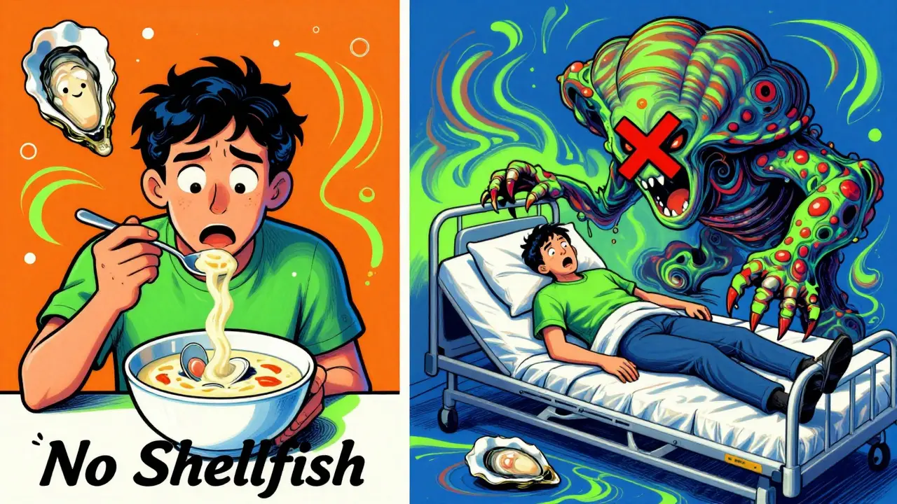 A person collapsing in hospital while a giant clam looms over them, despite a 'No Shellfish' label on clam chowder.