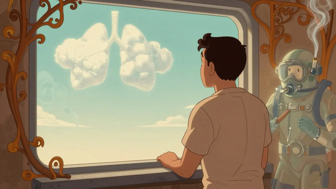 A recovered patient looking at a lung-shaped cloud, with fading images of smoking and flying in the background.