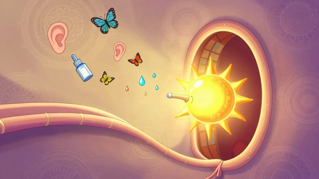 A surreal balloon dilation procedure inside a nasal passage, with a glowing balloon expanding into a radiant stained-glass window.