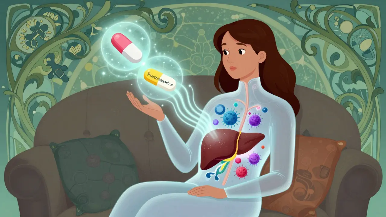 A woman with a transparent body, liver protected by floating medication pills in a flowing psychedelic design.
