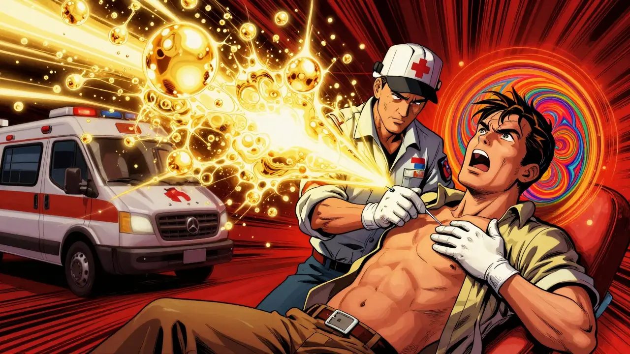 An emergency medic inserting a needle into a patient's chest with glowing air bursting outward.