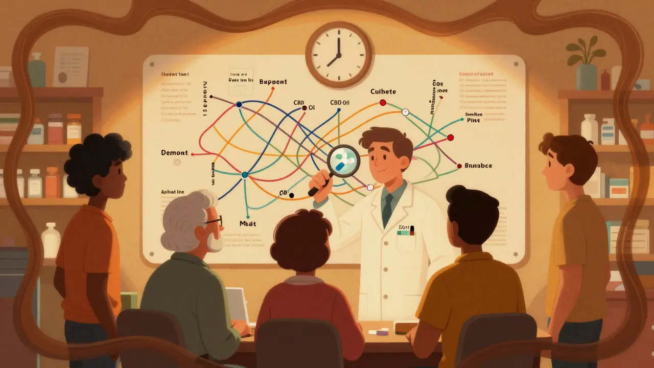 Community pharmacy with a hand-drawn medication map and people adding pills, warm psychedelic tones.