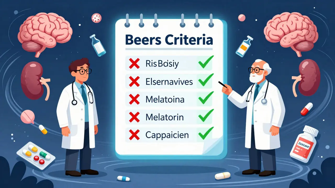 Doctor and pharmacist reviewing a glowing Beers Criteria list with safe and dangerous medications floating around them.