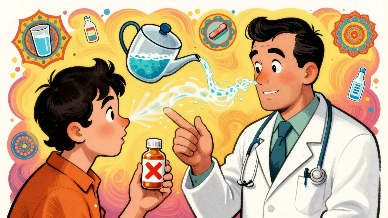 Doctor explaining why antibiotics aren't needed, with neti pot and wellness icons in swirling 1960s style.