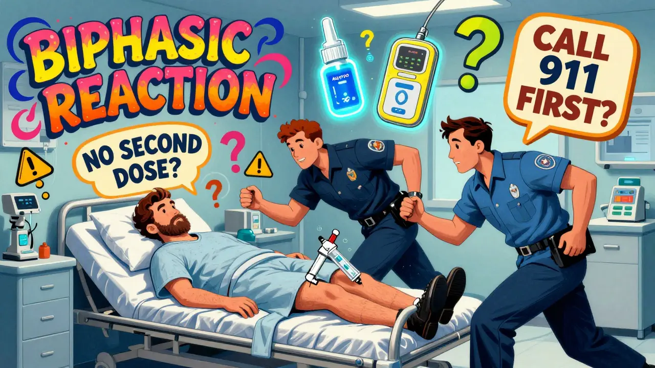 ER scene with paramedics holding a used auto-injector, surrounded by floating medical warnings in psychedelic style.