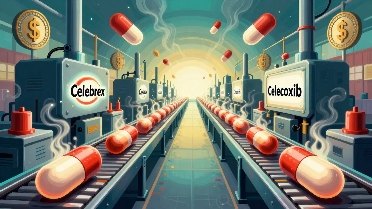 Factory assembly line producing two versions of the same pill with swirling design elements.