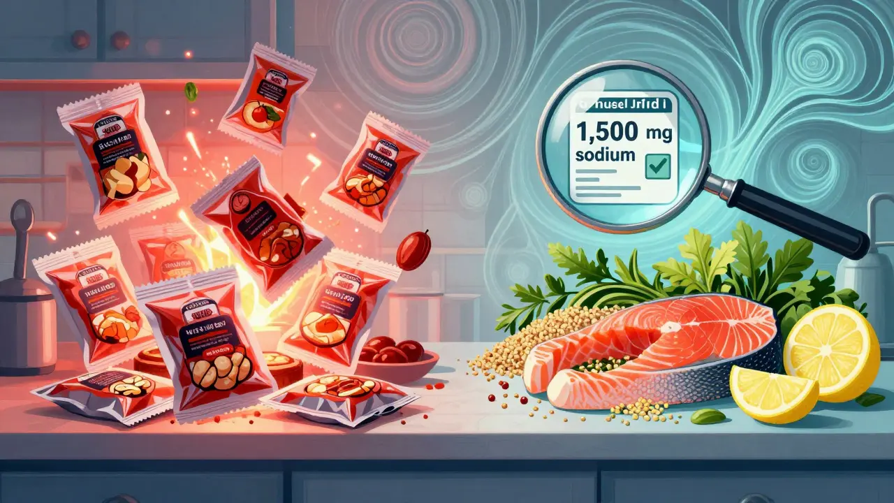 Kitchen counter split between salty packaged foods and healthy whole foods, with a nutrition label showing low sodium.