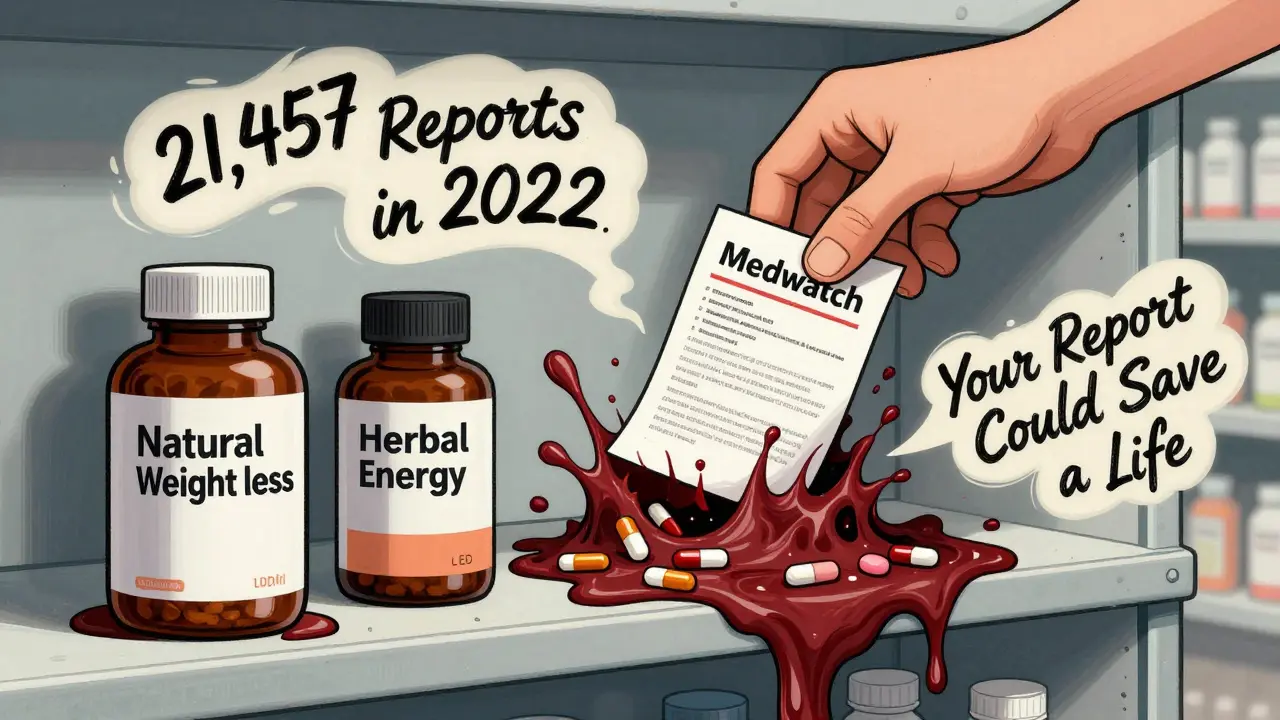 Melting supplements revealing hidden drugs, with a hand submitting a safety report.