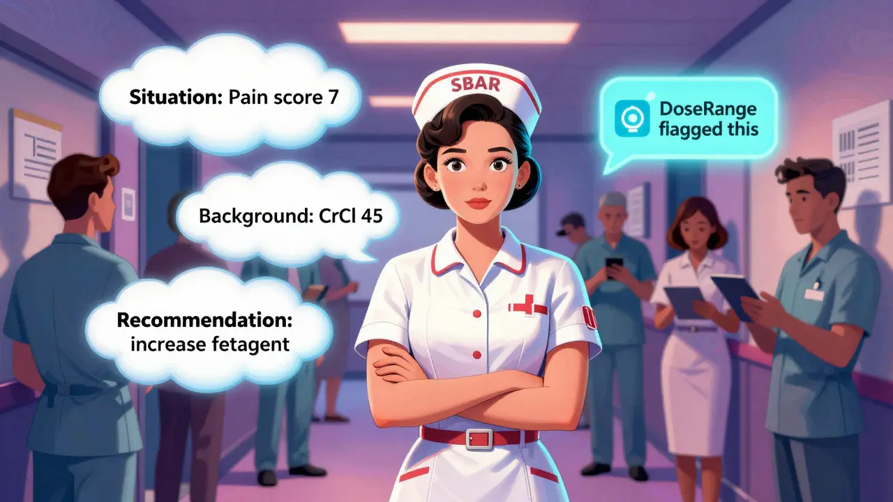 Nurse using SBAR communication amid chaotic hospital scene with floating AI alerts and blurred barcode scans in vibrant retro style.