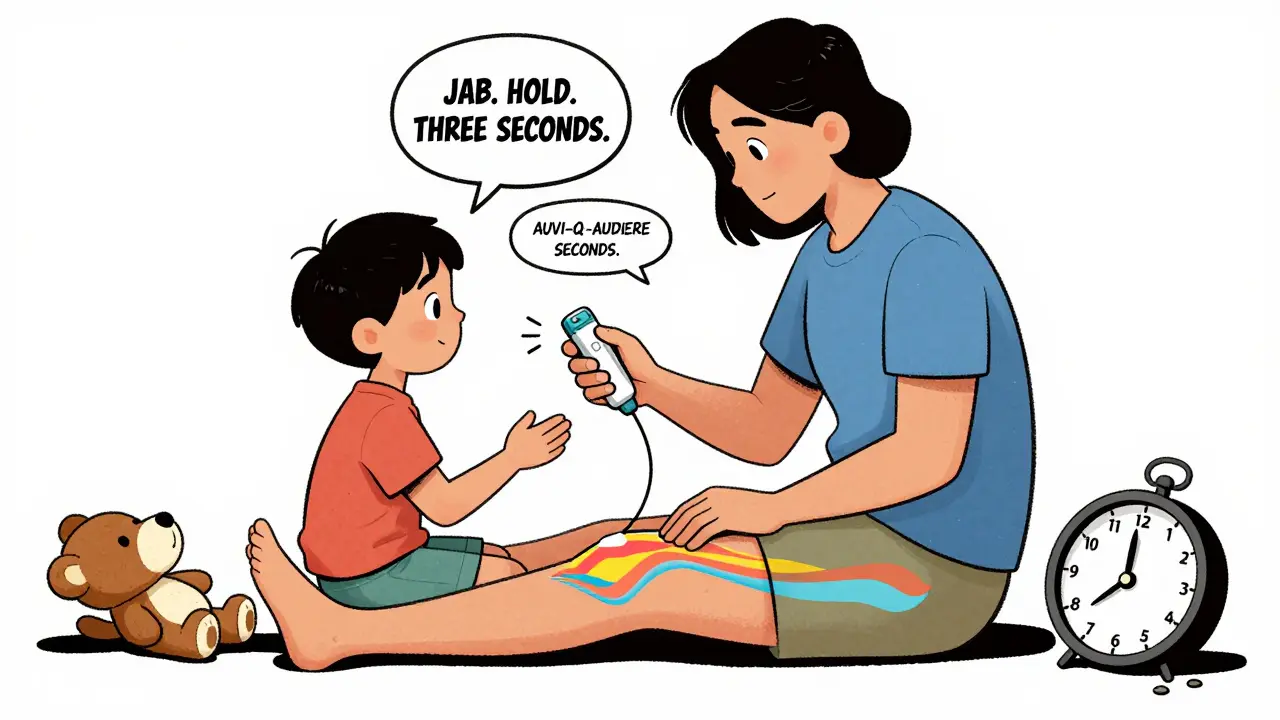 Parent helping a child use an Auvi-Q auto-injector with voice instructions floating in the air.