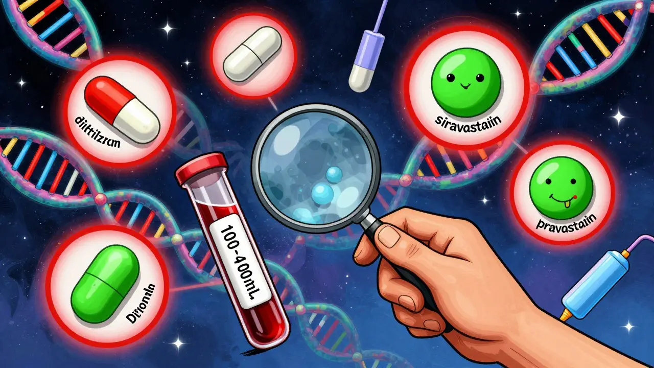 Patient examining blood levels with floating warning drugs and safe alternatives in swirling psychedelic style.