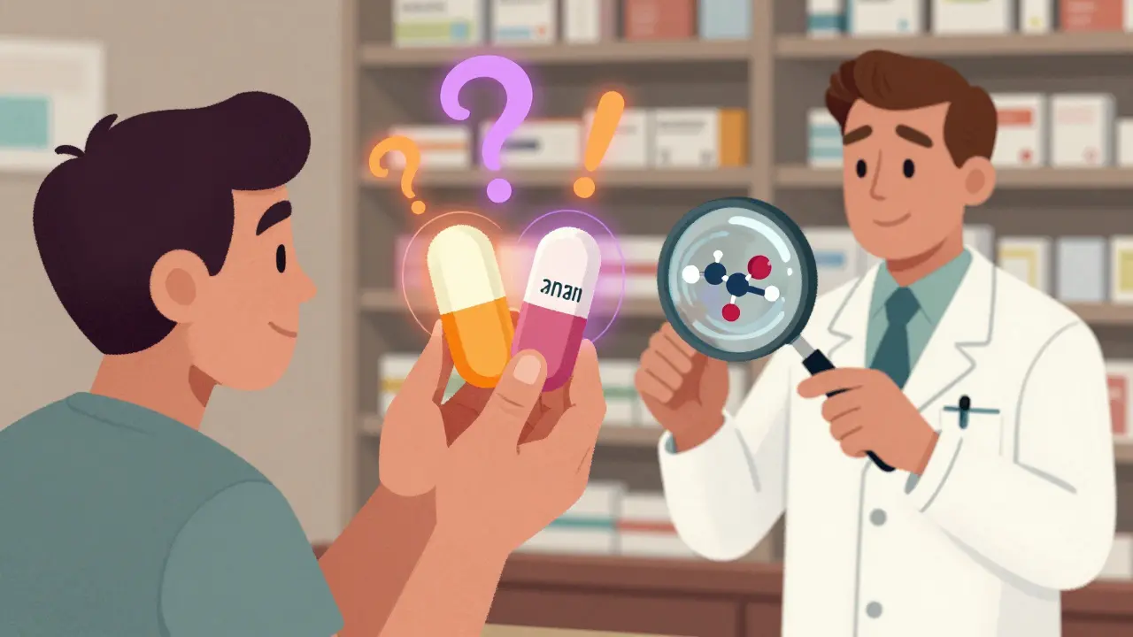 Patient holding two pills while pharmacist reveals identical internal structures with magnifying glass.