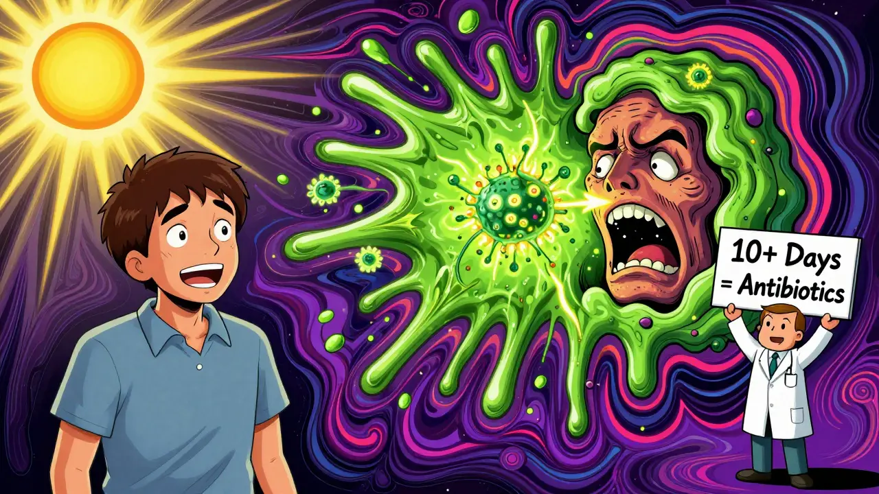 Patient suddenly worsening with green mucus explosion and bacterial monster, in vibrant psychedelic art style.