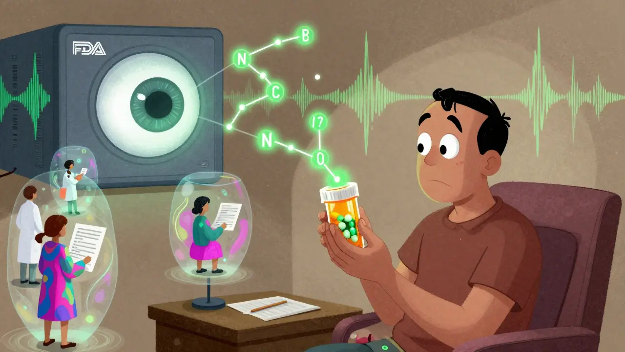 Patient surrounded by glowing NDC codes connecting to a giant FDA eye, symbolizing data reporting through abstract cosmic streams.