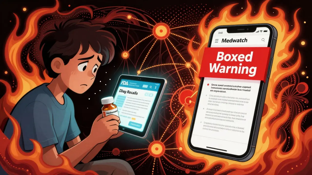 Patient viewing FDA recall alert on tablet while MedWatch app shows red warning.