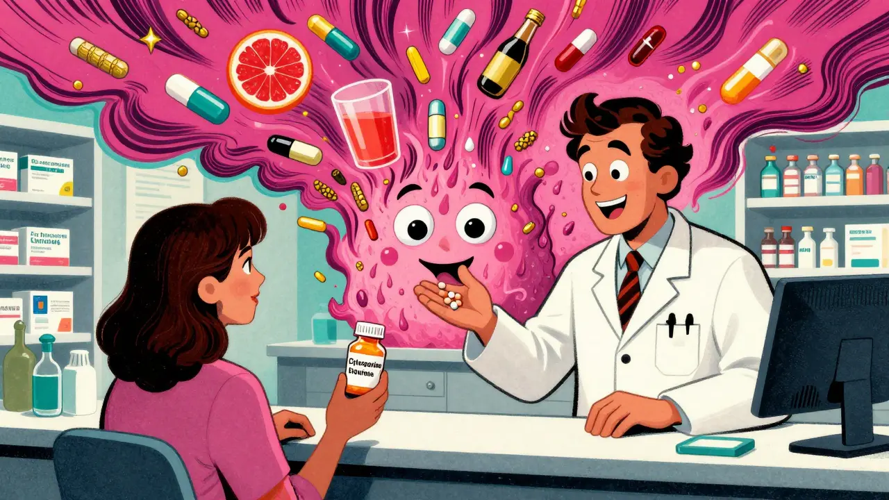 Pharmacist giving cyclosporine to patient while giant enzyme blocks dangerous drugs in retro-futuristic style.