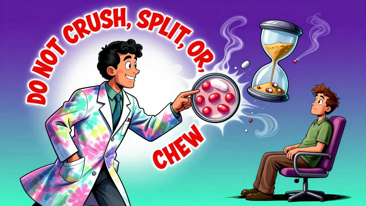 Pharmacist pointing at magnified pill beads, bold red warning halo, clock dissolving into pill-shaped sand