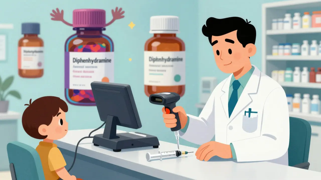 Pharmacist scans a pediatric syringe as giant antihistamine bottles float behind, highlighting safe dosing practices.