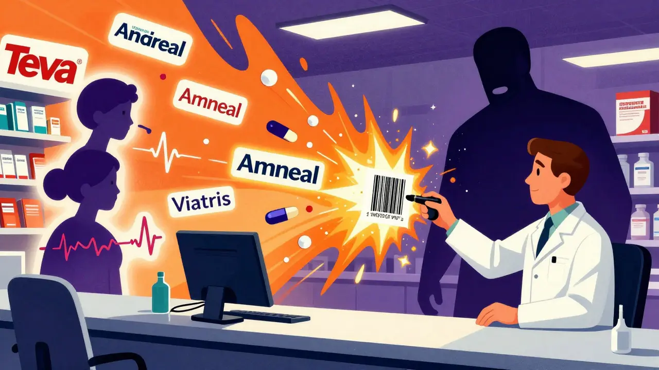 Pharmacy counter with scanning barcode transforming into floating generic drug logos and patient symptoms in swirling colors.