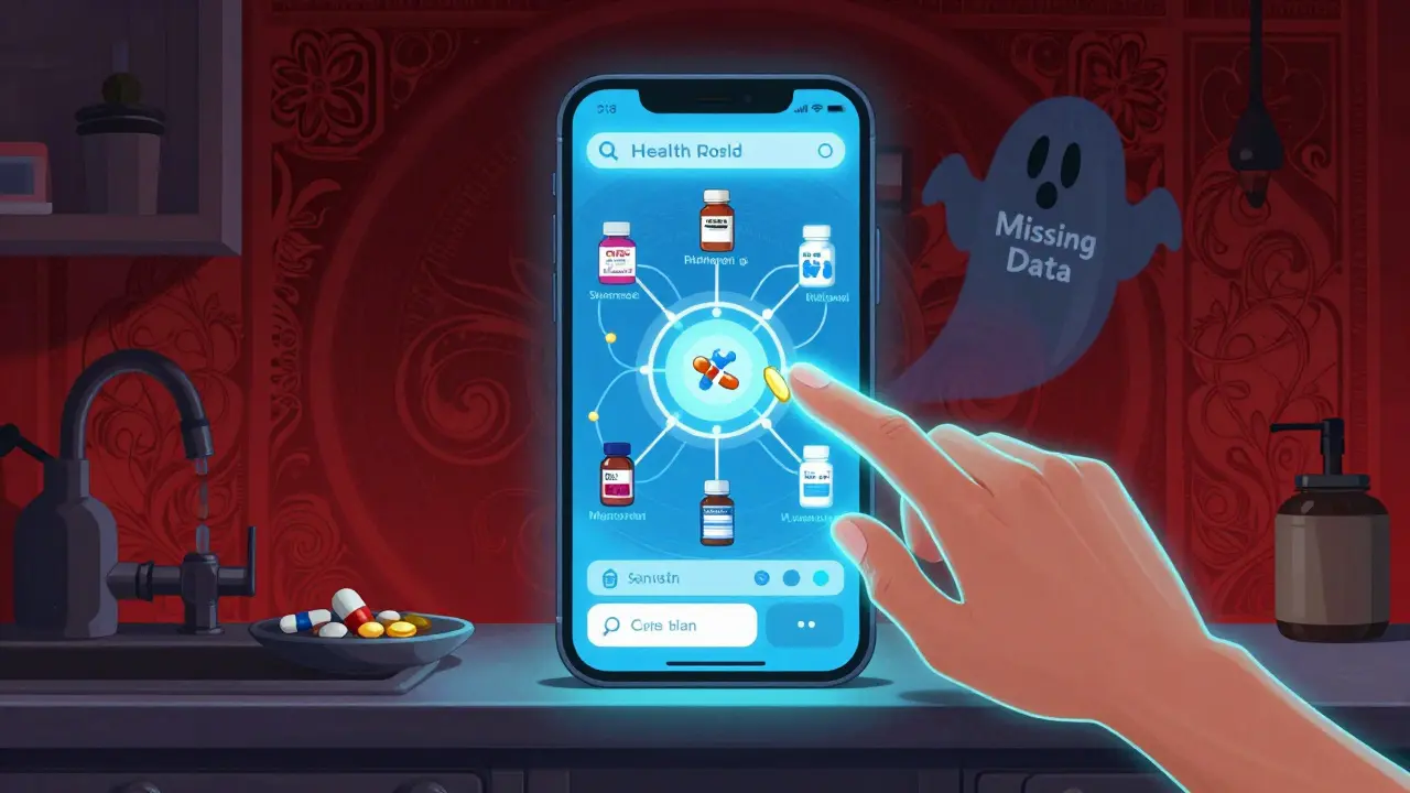 Smartphone showing a health app connecting pharmacies and adding OTC meds with swirling patterns.
