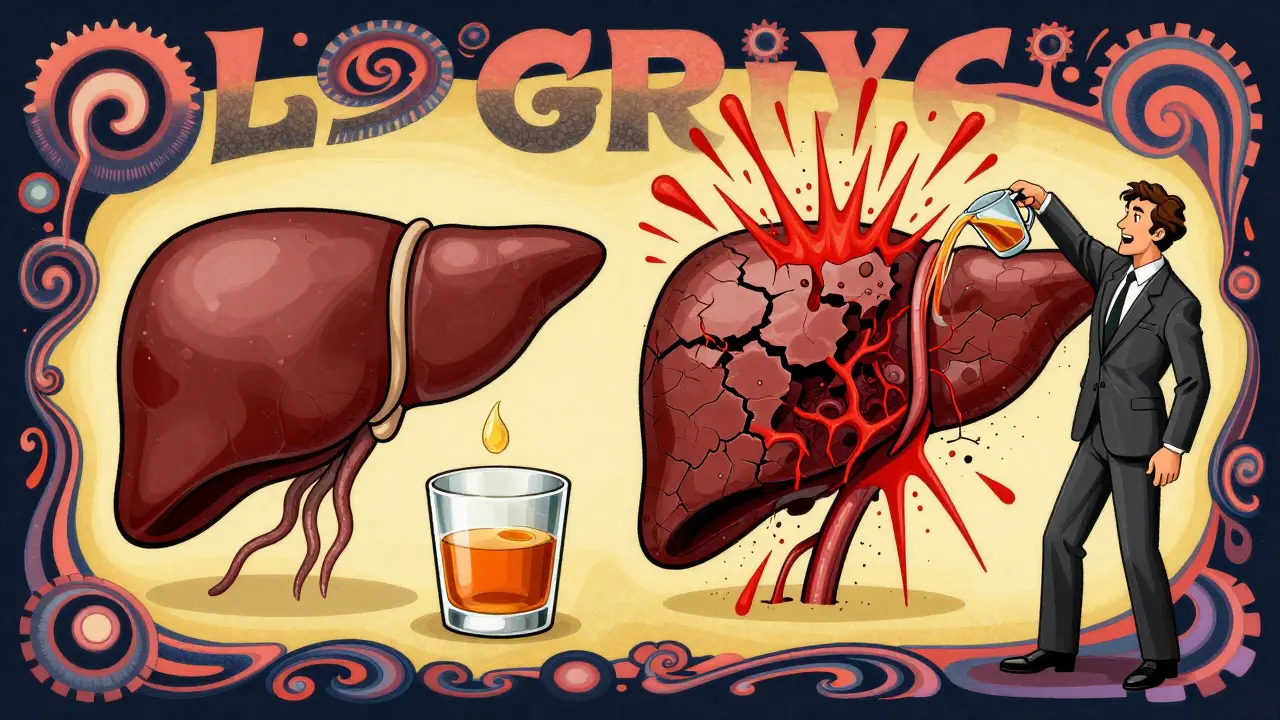Split illustration of a healthy liver versus a scarred one, with a person pouring more alcohol.